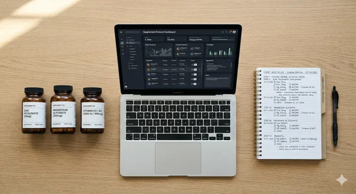 Practitioner at a clean desk reviewing a structured supplement protocol dashboard on a laptop — organized, clinical, intelligence-forward